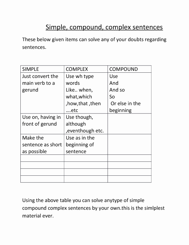 Simple and Compound Sentence Worksheet Inspirational Simple Pound Plex Sentences