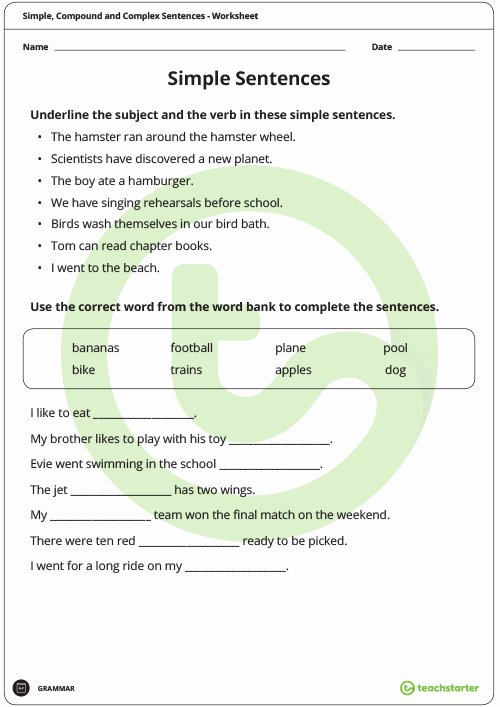 Simple and Compound Sentences Worksheet Elegant Simple Pound and Plex Sentences Worksheet Pack