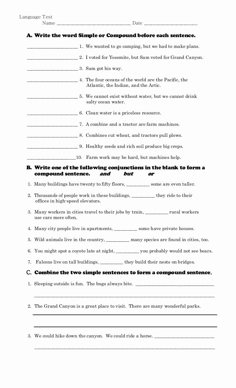 Simple and Compound Sentences Worksheet Lovely Pound Sentences Test