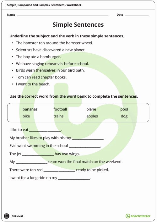 Simple and Compound Sentences Worksheet New Simple Pound and Plex Sentences Worksheet Pack