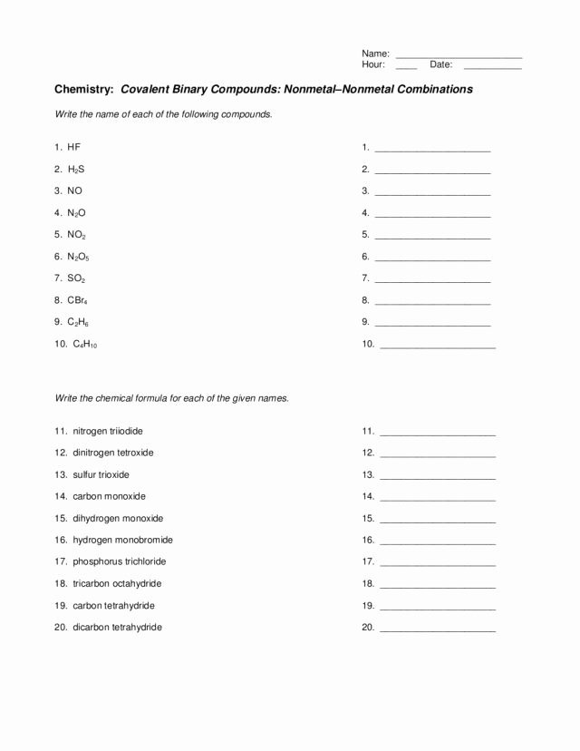 Simple Binary Ionic Compounds Worksheet Best Of Covalent Binary Pounds Nonmetal Nonmetal Binations