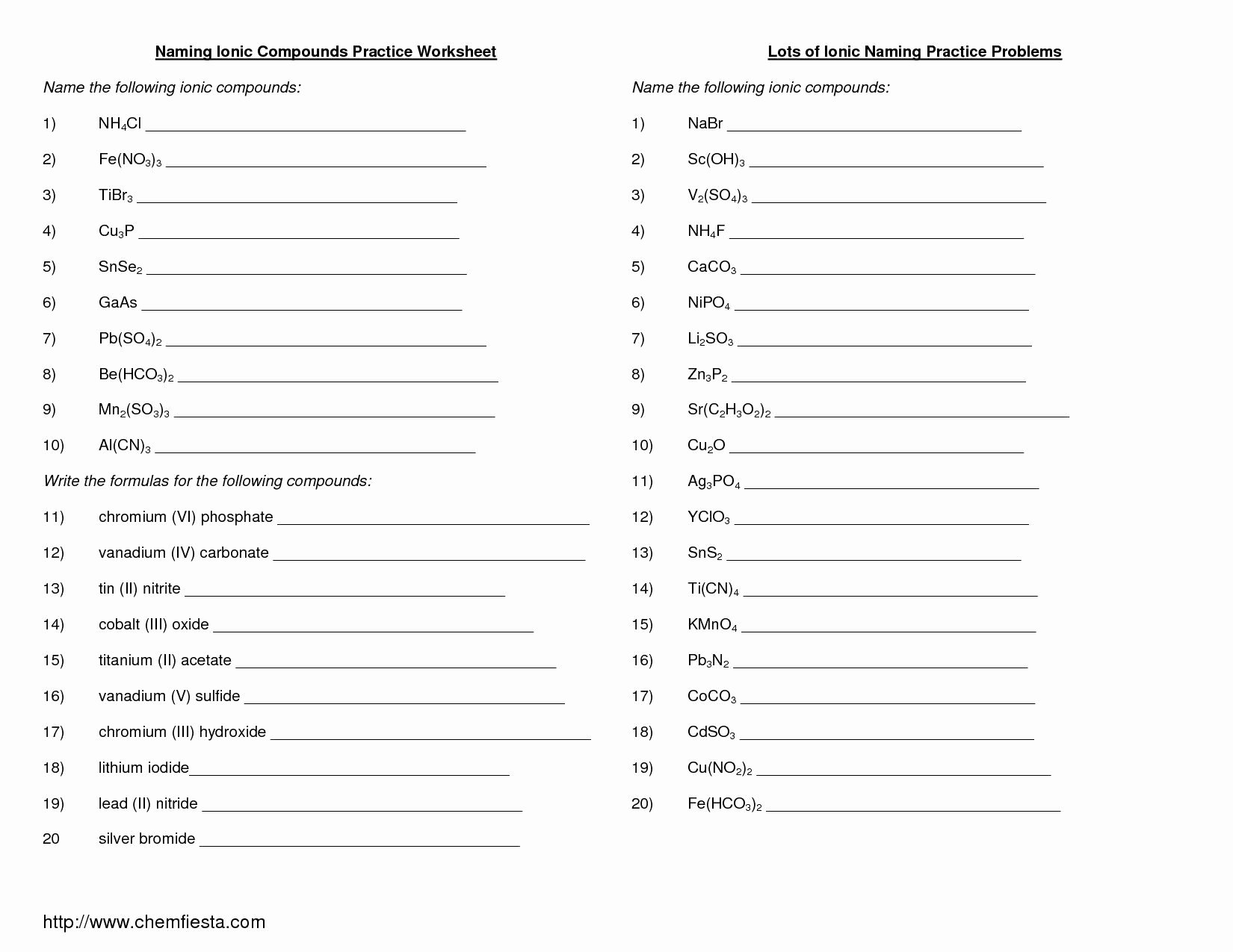 Simple Binary Ionic Compounds Worksheet Elegant formulas and Nomenclature Binary Ionic Pounds Worksheet