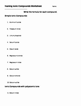 Simple Binary Ionic Compounds Worksheet New Naming Ionic Pounds Worksheet by Laura Fleming