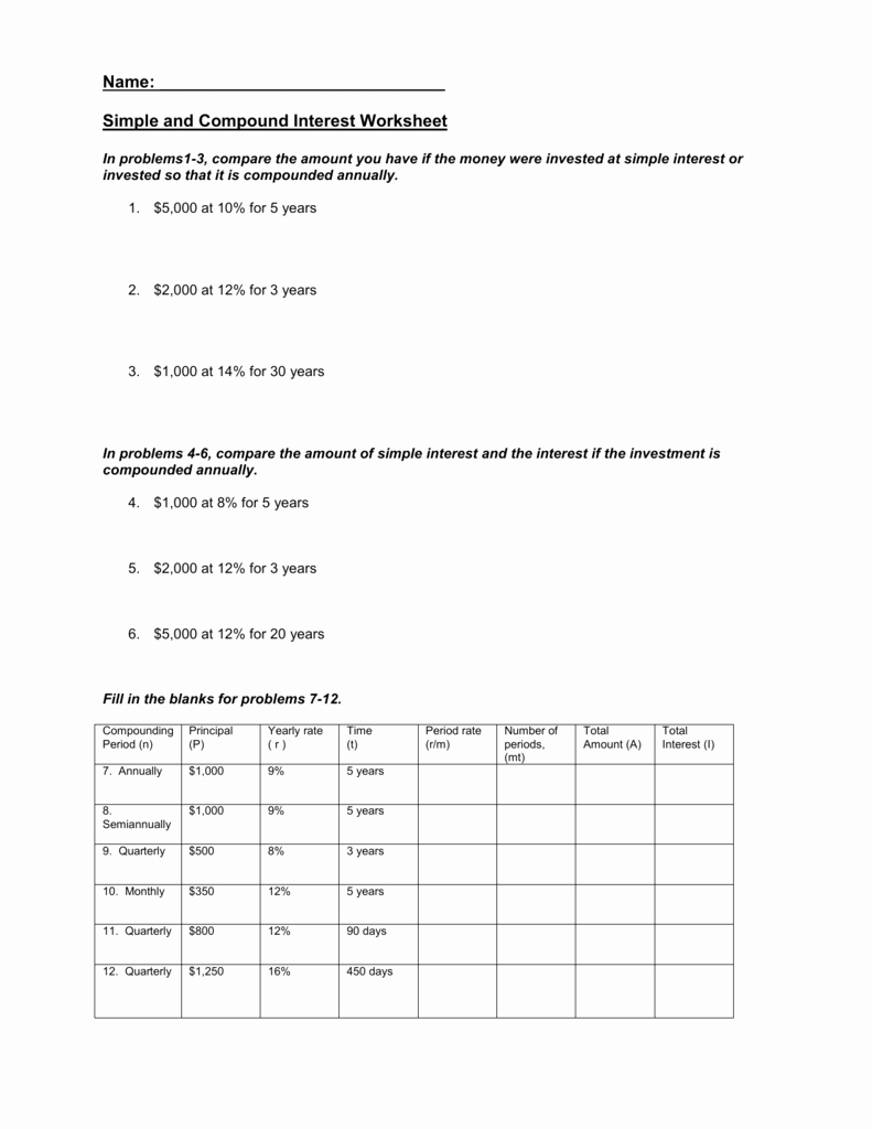 Simple Interest Problems Worksheet Awesome Simple and Pound Interest Worksheet