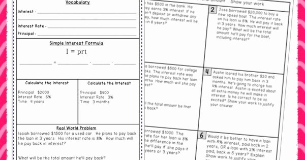 Simple Interest Problems Worksheet Beautiful Percents Simple Interest Notes and Worksheet
