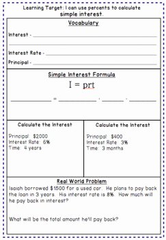 Simple Interest Problems Worksheet Elegant Percents Simple Interest Notes Task Cards and A