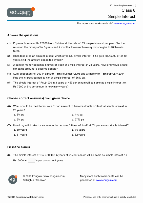 Simple Interest Problems Worksheet Elegant Year 8 Math Worksheets and Problems Simple Interest