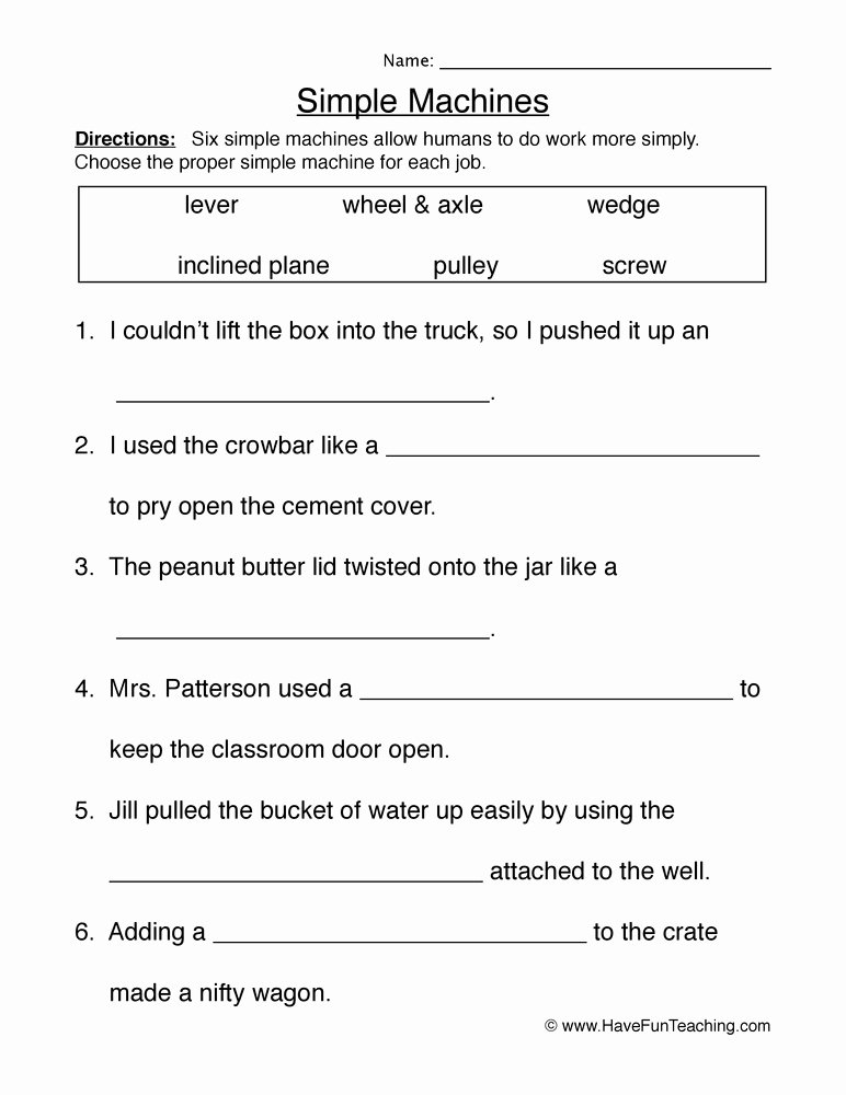 Simple Machines Worksheet Answers Awesome Simple Machines Worksheet Fill In the Blanks Work and