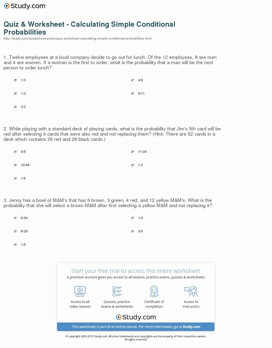 Simple Probability Worksheet Pdf Elegant Quiz &amp; Worksheet Calculating Simple Conditional
