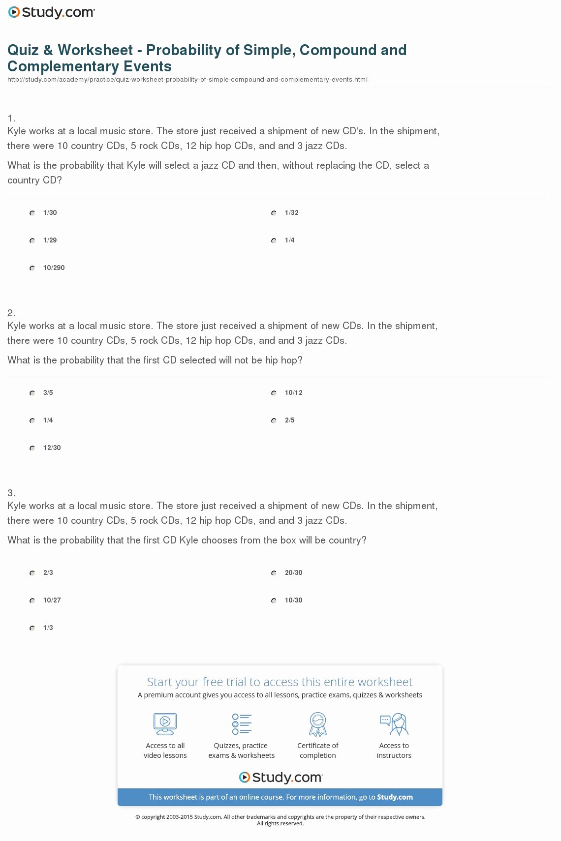 Simple Probability Worksheet Pdf Luxury Quiz &amp; Worksheet Probability Of Simple Pound and