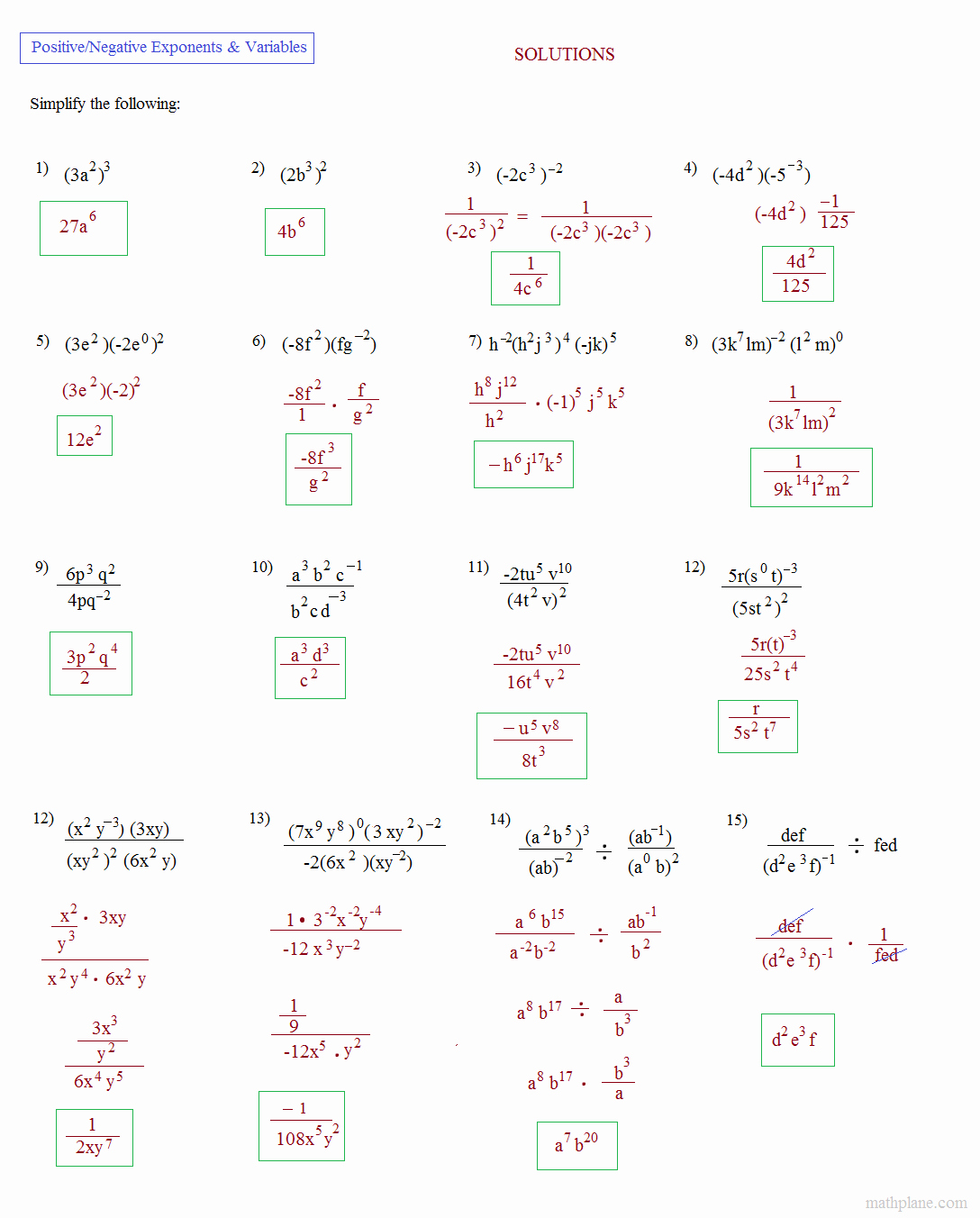 Simplify Exponential Expressions Worksheet Awesome Math Plane Simplifying Negative Exponents and Variables