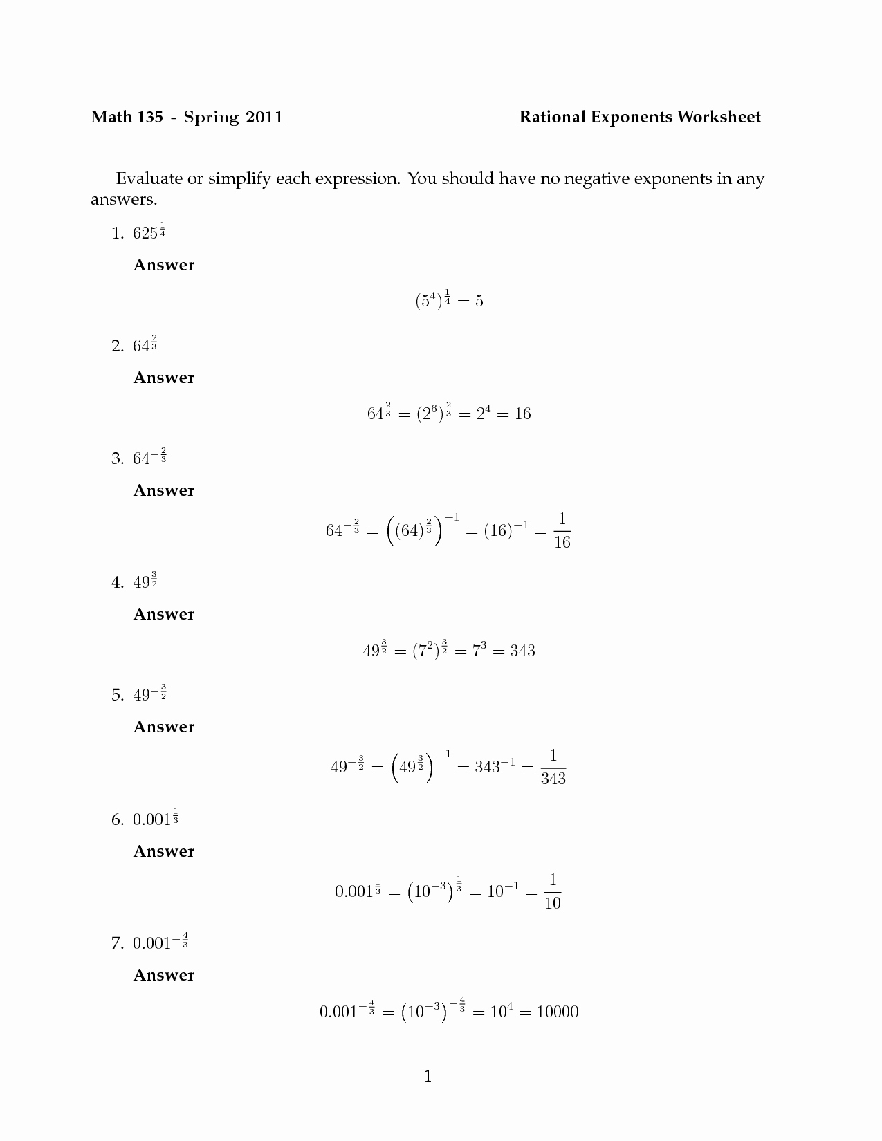 Simplifying Exponential Expressions Worksheet