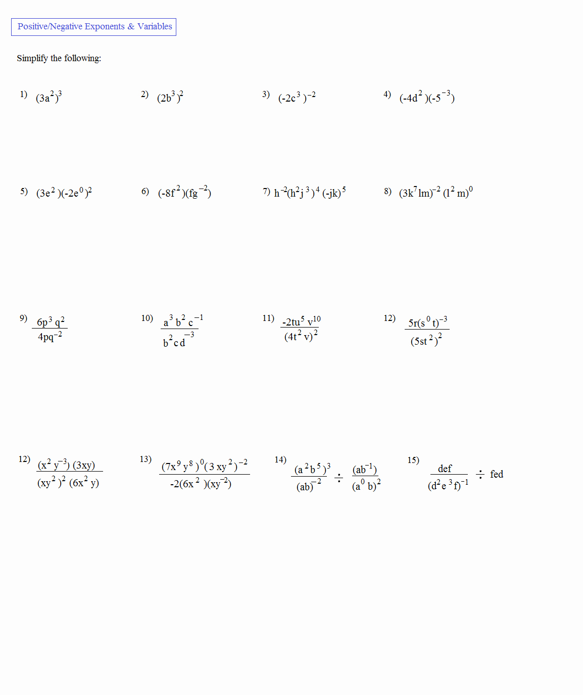 Simplifying Exponential Expressions Worksheet