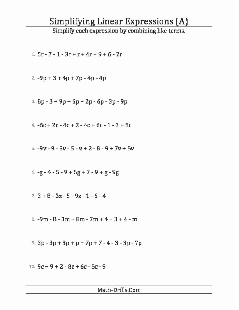 Simplify Exponential Expressions Worksheet Beautiful Simple Simplifying Linear Expressions with to Terms A Math