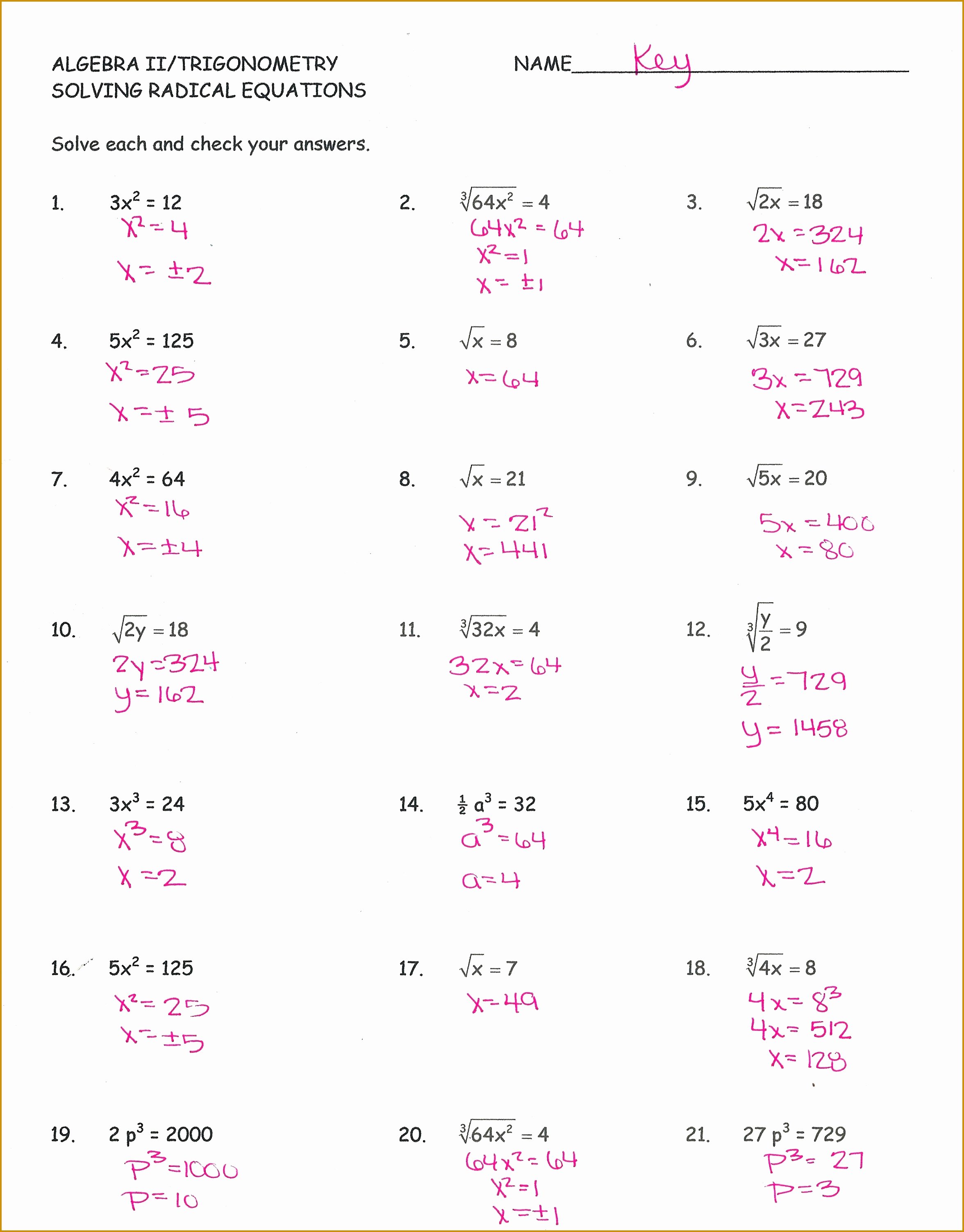 Adding And Subtracting Radical Expressions Worksheet Algebra 2