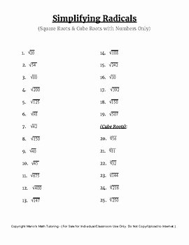 Simplify Square Root Worksheet Beautiful Simplifying Radicals Square Roots &amp; Cube Roots Numbers