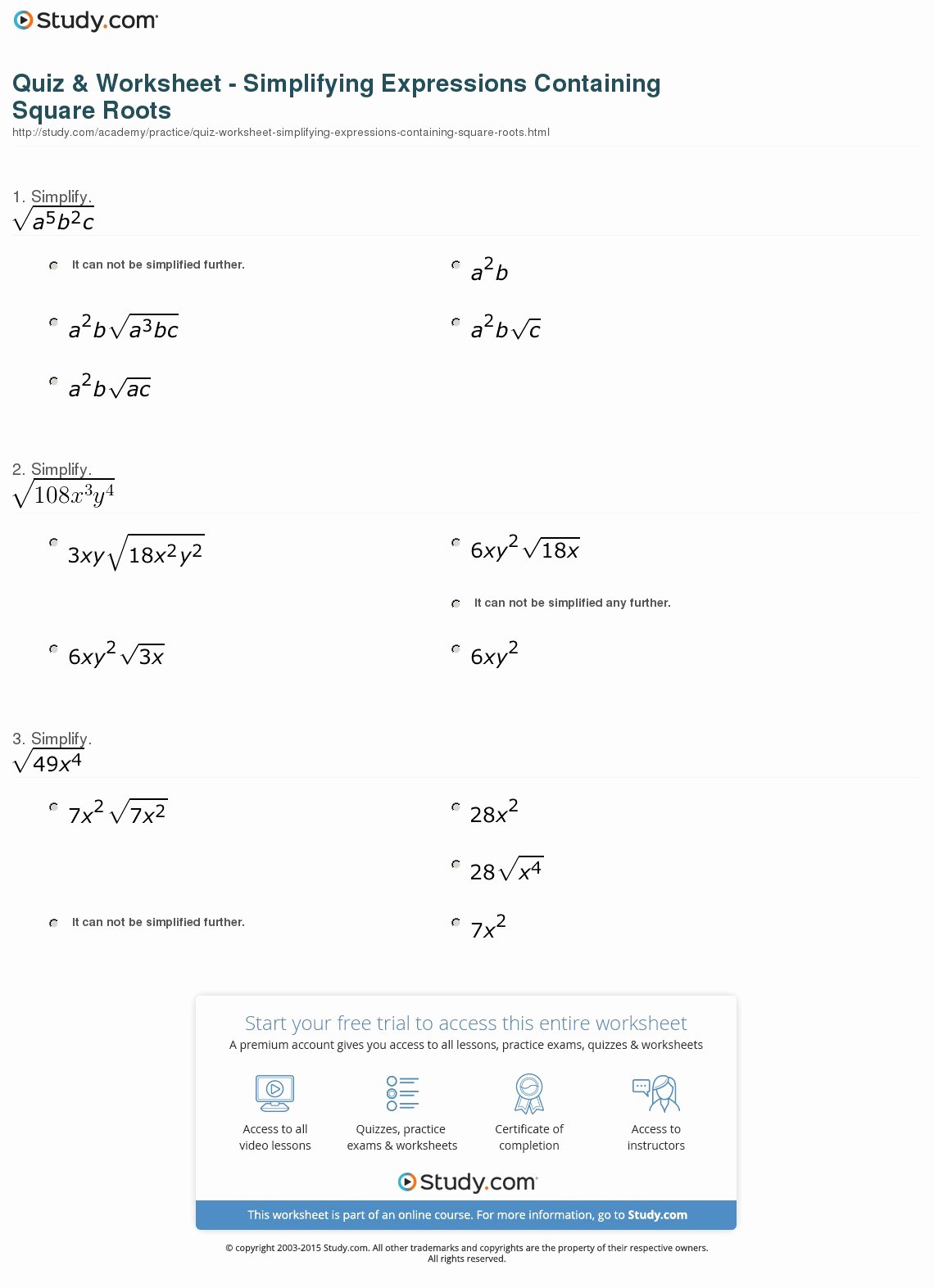 Simplify Square Root Worksheet Inspirational Quiz &amp; Worksheet Simplifying Expressions Containing