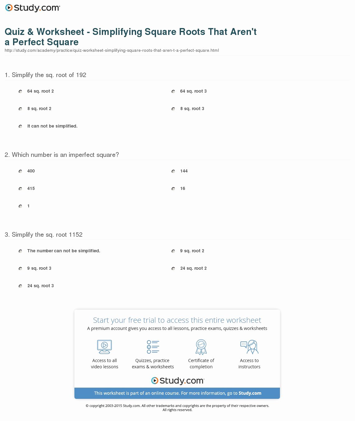 Simplify Square Roots Worksheet Awesome Quiz &amp; Worksheet Simplifying Square Roots that aren T A