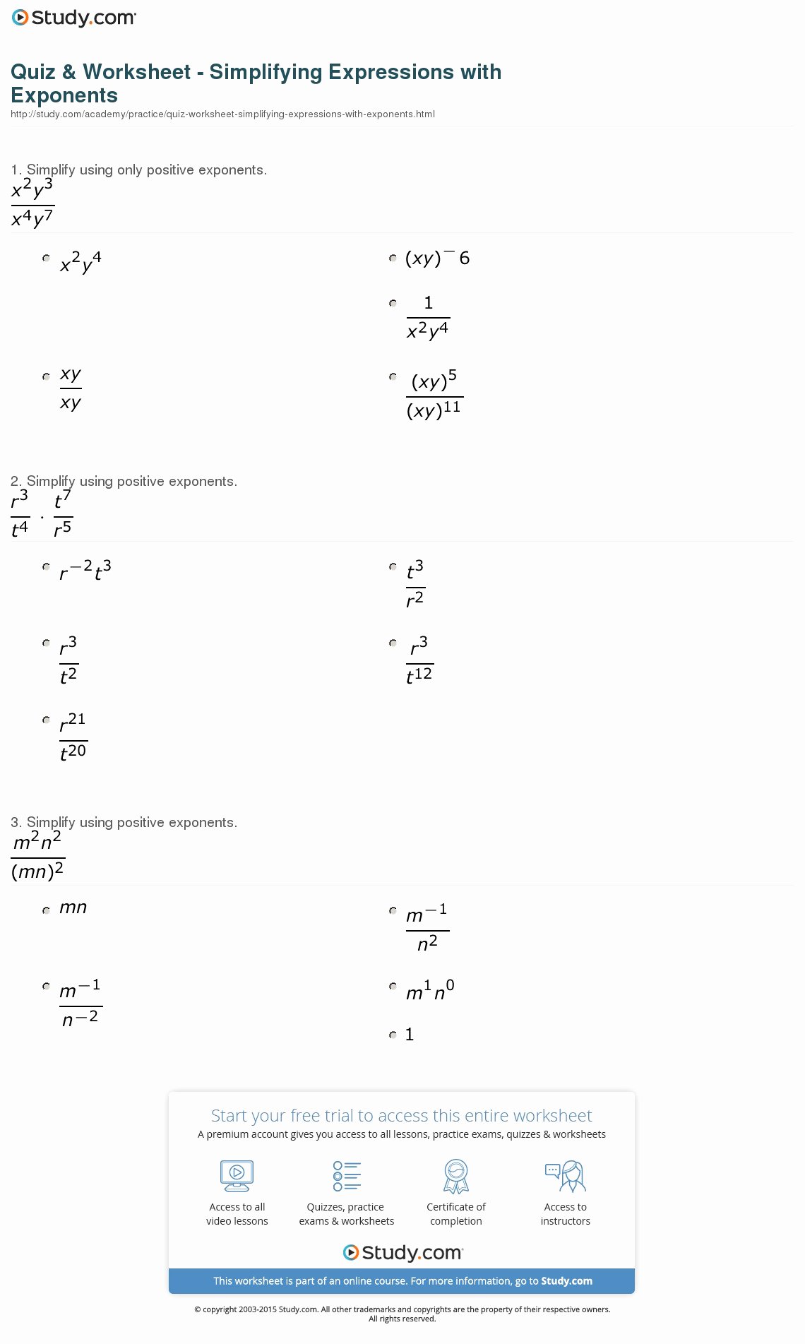 Simplifying Algebraic Expressions Worksheet Answers Elegant Quiz & Worksheet Simplifying Expressions with Exponents