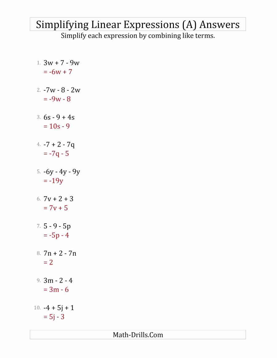 Simplifying Algebraic Expressions Worksheet Answers Unique Simplifying Linear Expressions with 3 Terms A