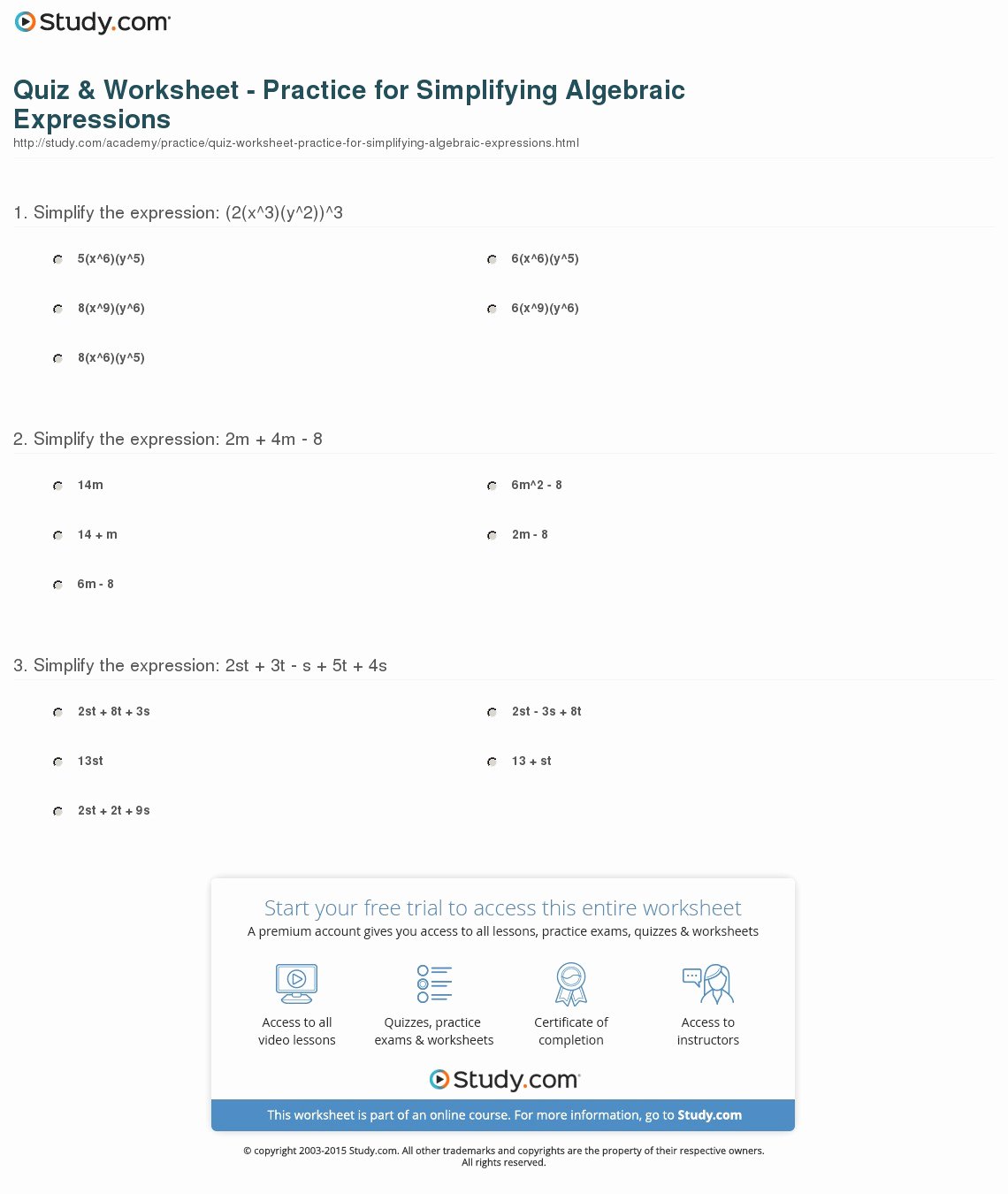 Simplifying Algebraic Expressions Worksheet Elegant Quiz &amp; Worksheet Practice for Simplifying Algebraic