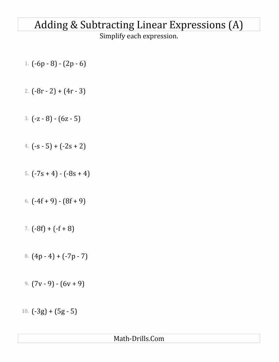 Simplifying Algebraic Expressions Worksheet Fresh Adding and Subtracting and Simplifying Linear Expressions A