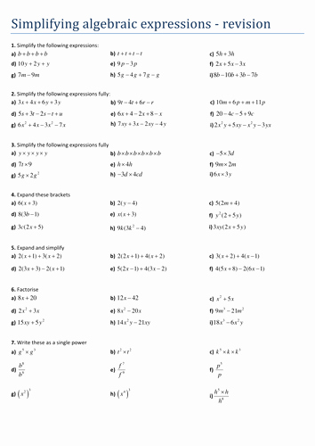 Simplifying Algebraic Expressions Worksheet Fresh Maths Simplifying Revisions for Foundation Gcse by