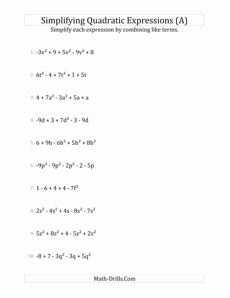Simplifying Algebraic Expressions Worksheet Fresh Simplifying Quadratic Expressions with 5 Terms A
