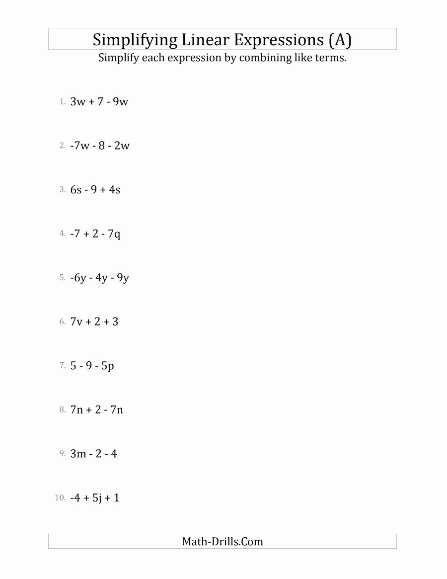 Simplifying Algebraic Expressions Worksheet Lovely Simplifying Linear Expressions with 3 Terms A