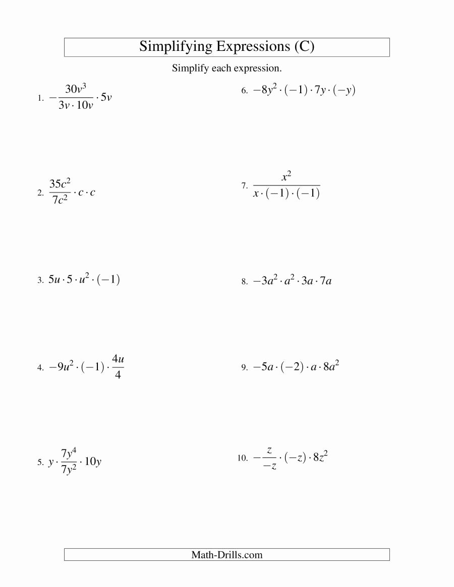 Simplifying Algebraic Expressions Worksheet New Simplifying Algebraic Expressions with E Variable and