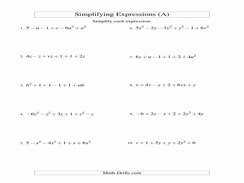 Simplifying Algebraic Expressions Worksheet New Simplifying Expressions Worksheet