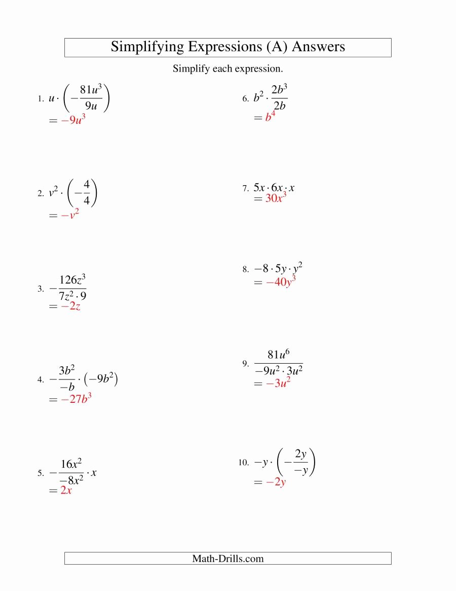 Simplifying Algebraic Fractions Worksheet Awesome Simplifying Algebraic Expressions with E Variable and