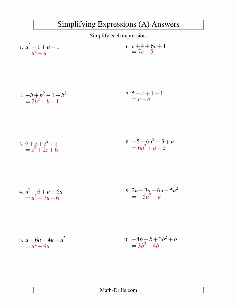 Simplifying Algebraic Fractions Worksheet Lovely Simplifying Algebraic Expressions with E Variable and