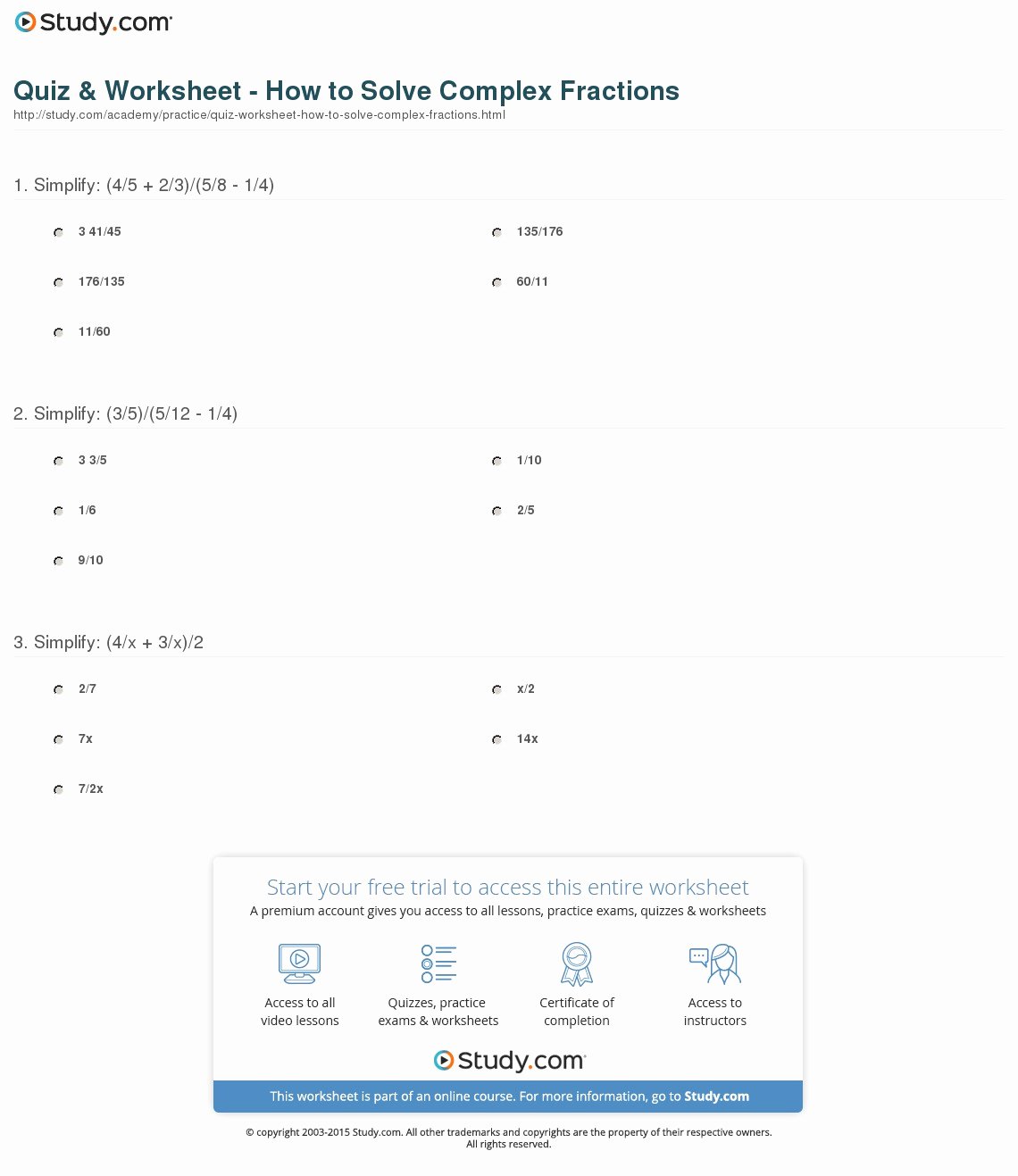 Simplifying Complex Fractions Worksheet Fresh Quiz &amp; Worksheet How to solve Plex Fractions