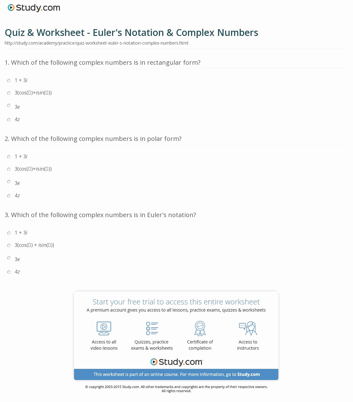 Simplifying Complex Numbers Worksheet Best Of Quiz &amp; Worksheet Euler S Notation &amp; Plex Numbers