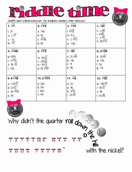 Simplifying Complex Numbers Worksheet Best Of Simplifying Radicals with Imaginary Numbers Riddle Time by