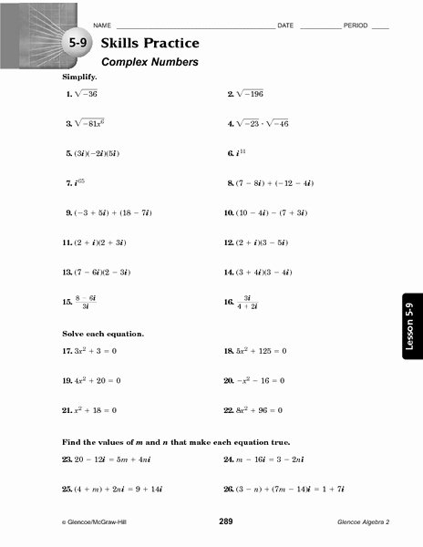 Simplifying Complex Numbers Worksheet Inspirational 5 9 Skills Practice Plex Numbers Worksheet for 10th