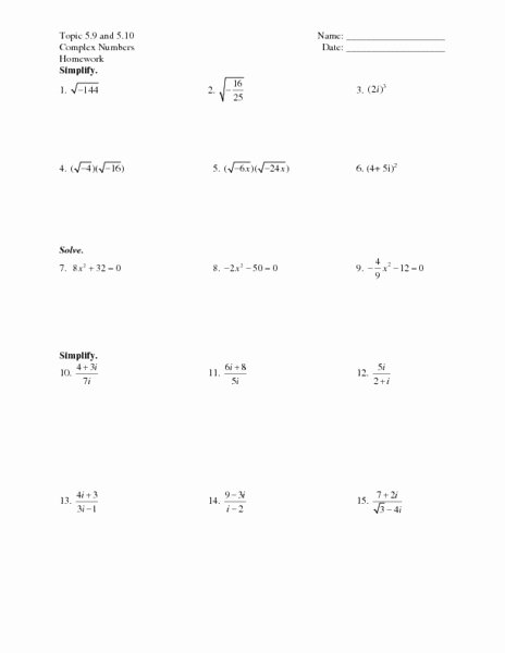 Simplifying Complex Numbers Worksheet Lovely topic 5 9 and 5 10 Plex Numbers Worksheet for 7th