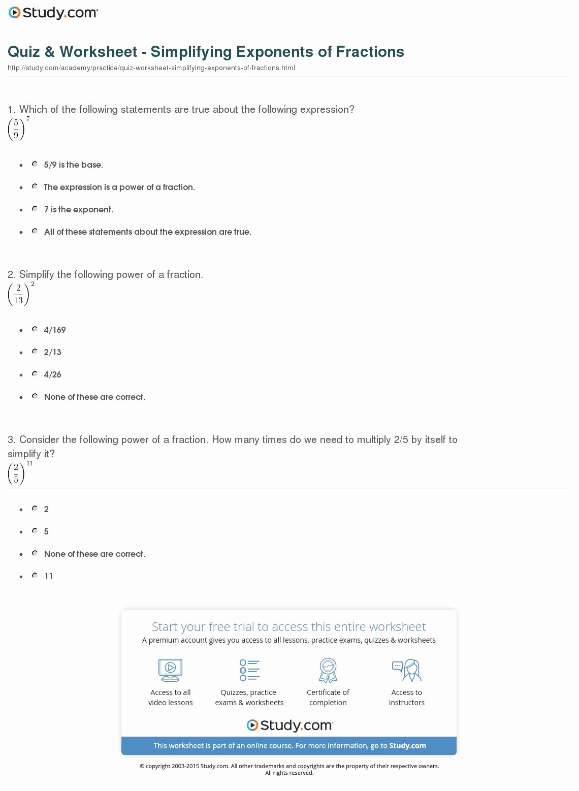 Simplifying Exponential Expressions Worksheet Awesome Quiz &amp; Worksheet Simplifying Exponents Of Fractions