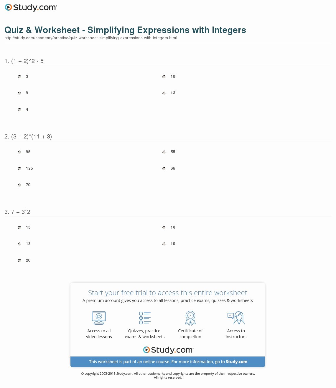 Simplifying Expressions Worksheet with Answers Awesome Quiz &amp; Worksheet Simplifying Expressions with Integers