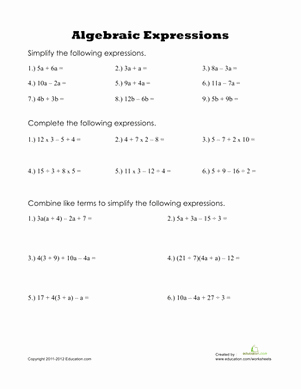 Simplifying Expressions Worksheet with Answers Best Of Algebraic Expressions Worksheet