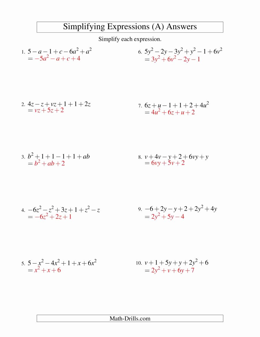 Simplifying Expressions Worksheet with Answers Fresh Simplifying Algebraic Expressions with Two Variables and