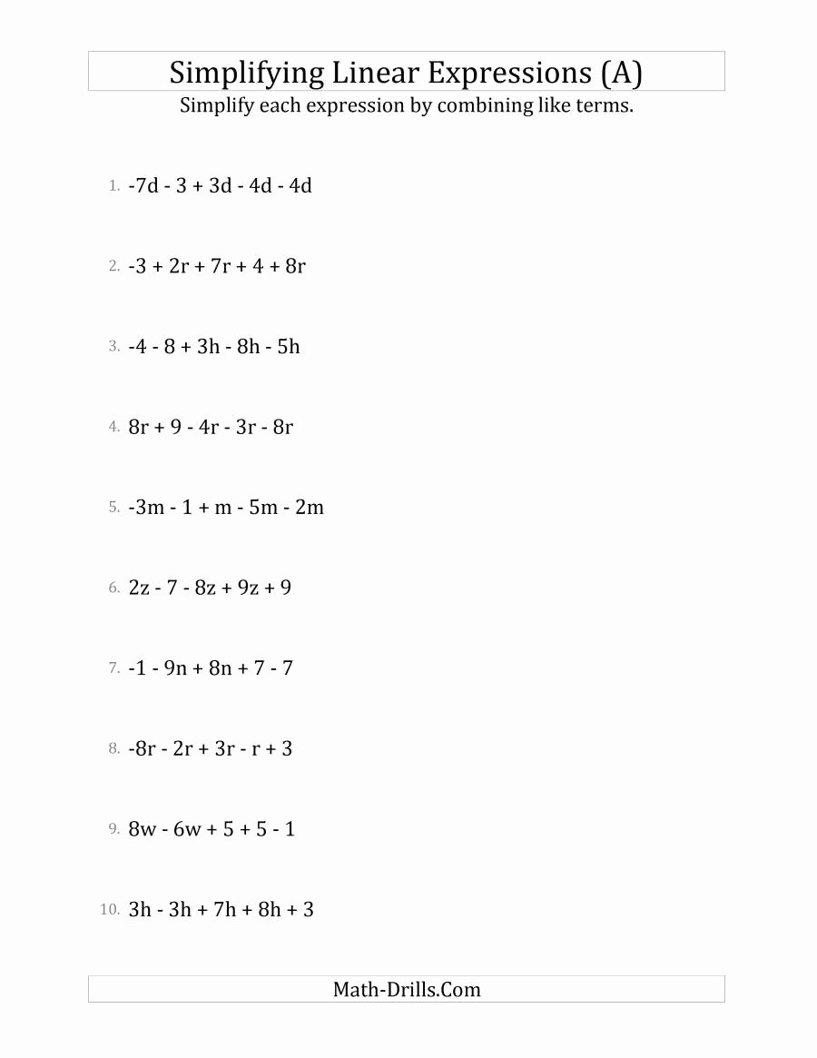 Simplifying Expressions Worksheet with Answers New Simplifying Linear Expressions with 5 Terms A