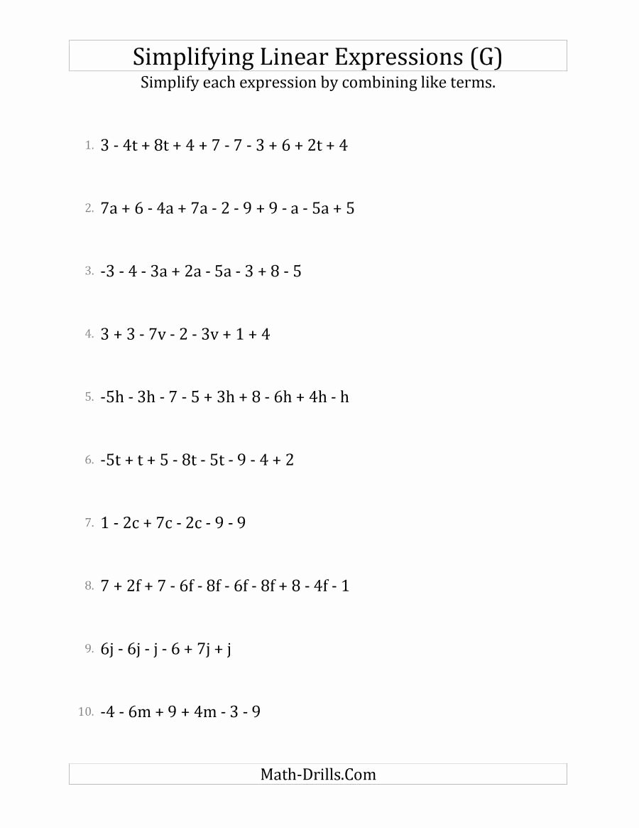 Simplifying Linear Expressions Worksheet Awesome Simplifying Linear Expressions with 6 to 10 Terms G