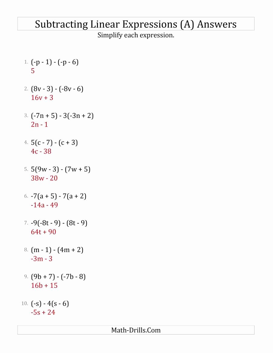Simplifying Linear Expressions Worksheet Awesome Subtracting and Simplifying Linear Expressions with some