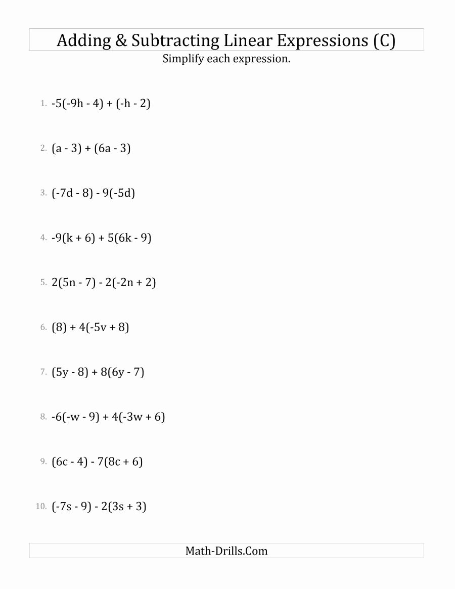 Simplifying Linear Expressions Worksheet Elegant Adding and Subtracting and Simplifying Linear Expressions