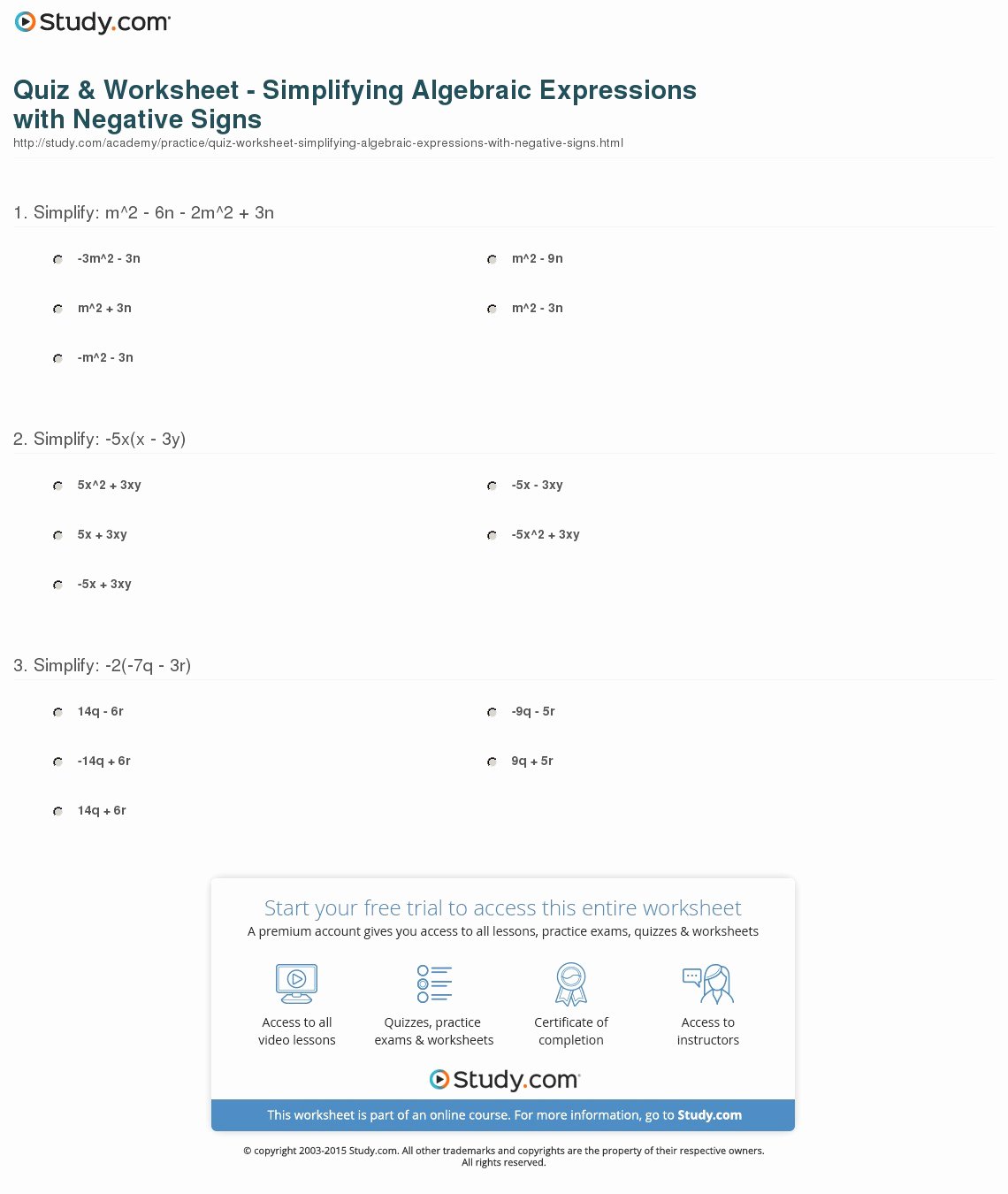 Simplifying Linear Expressions Worksheet Elegant Quiz &amp; Worksheet Simplifying Algebraic Expressions with