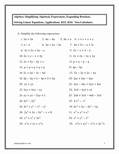 Simplifying Linear Expressions Worksheet Lovely Algebra Ks3 Ks4 with solutions by Hassan2008 Teaching
