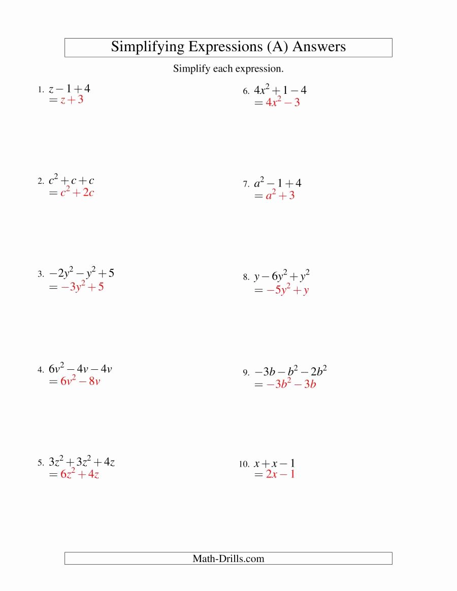 Simplifying Radical Expressions Worksheet Answers Best Of Simplifying Algebraic Expressions with E Variable and