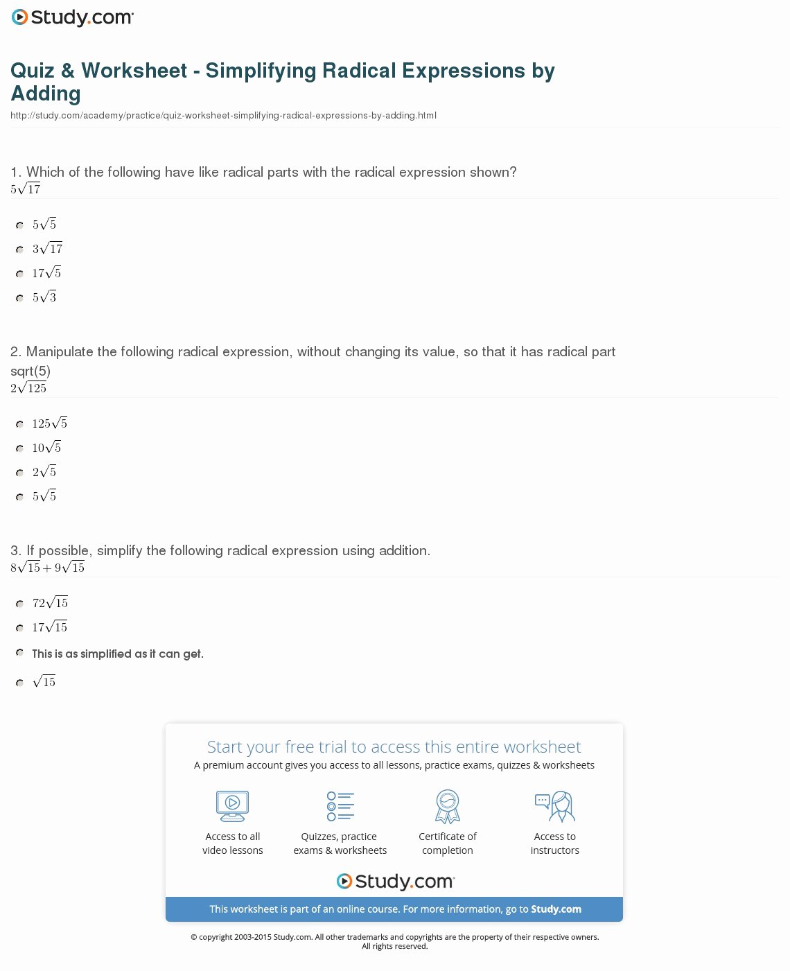 Simplifying Radical Expressions Worksheet Answers New Quiz &amp; Worksheet Simplifying Radical Expressions by